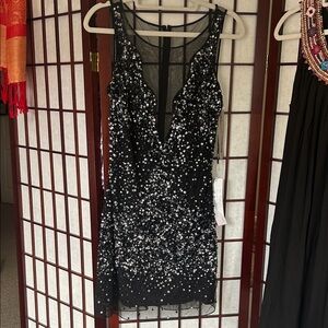 Monique Leshman Silver/Black Sequin V-Neck Evening Dress